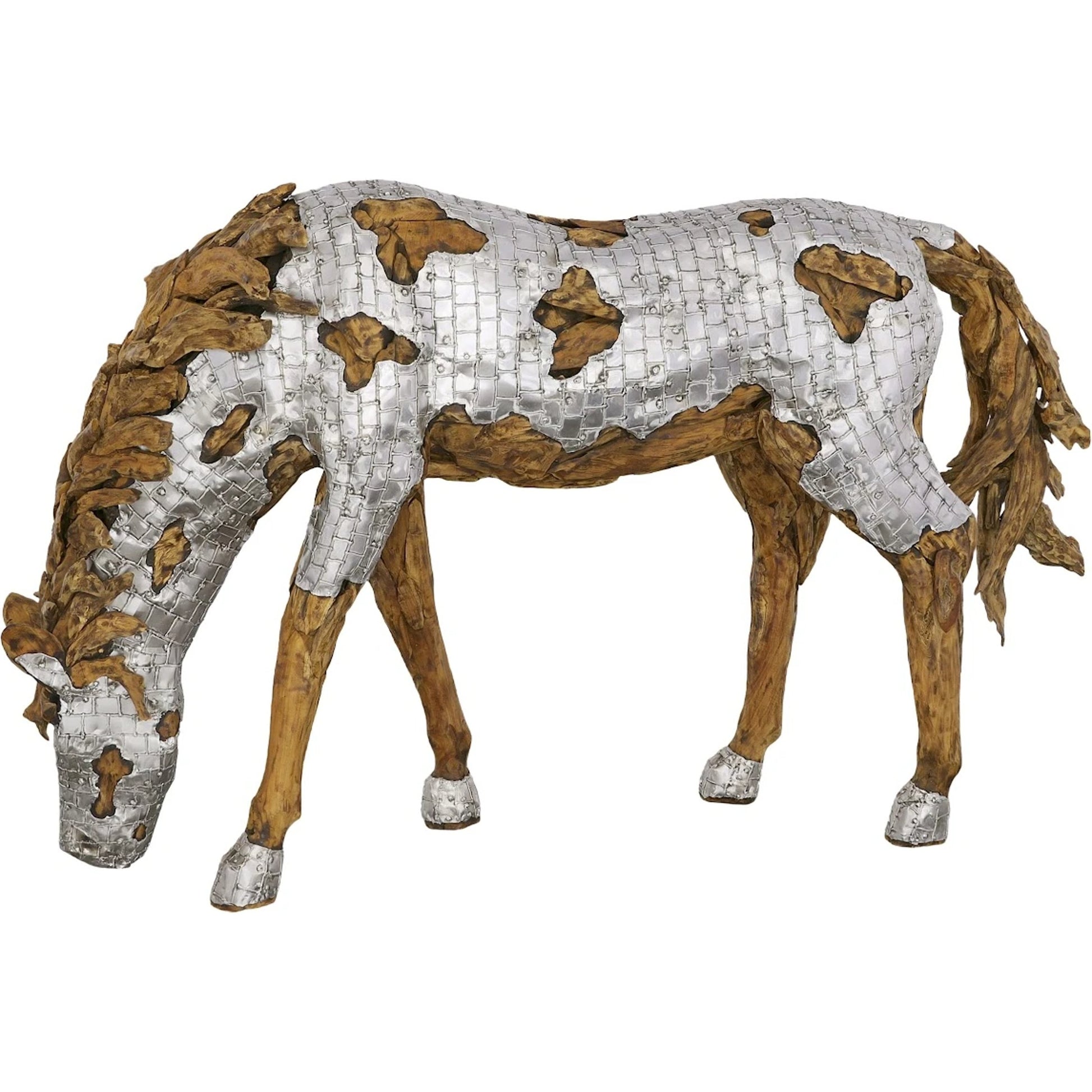 Mustang Horse Armored Sculpture Grazing by Phillips Collection in silver, brown. Made from metal, wood in a modern style.