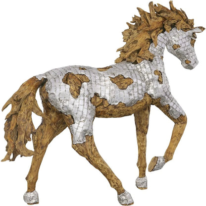 Mustang Horse Armored Sculpture Galloping by Phillips Collection in silver, brown. Made from metal, wood in a modern style.