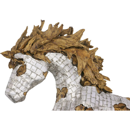 Mustang Horse Armored Sculpture Galloping by Phillips Collection in silver, brown. Made from metal, wood in a modern style.