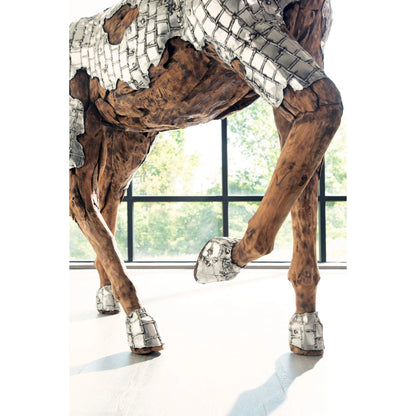 Mustang Horse Armored Sculpture Galloping by Phillips Collection in silver, brown. Made from metal, wood in a modern style.