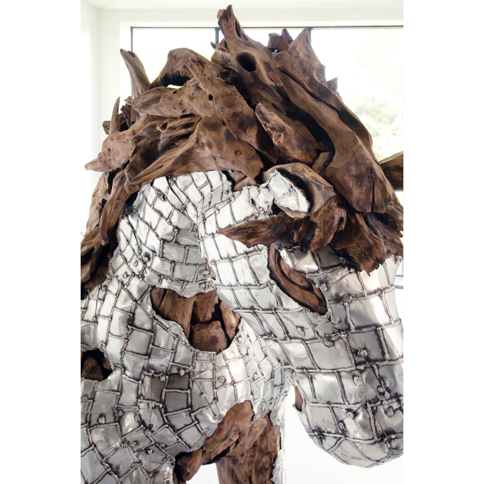 Mustang Horse Armored Sculpture Galloping by Phillips Collection in silver, brown. Made from metal, wood in a modern style.