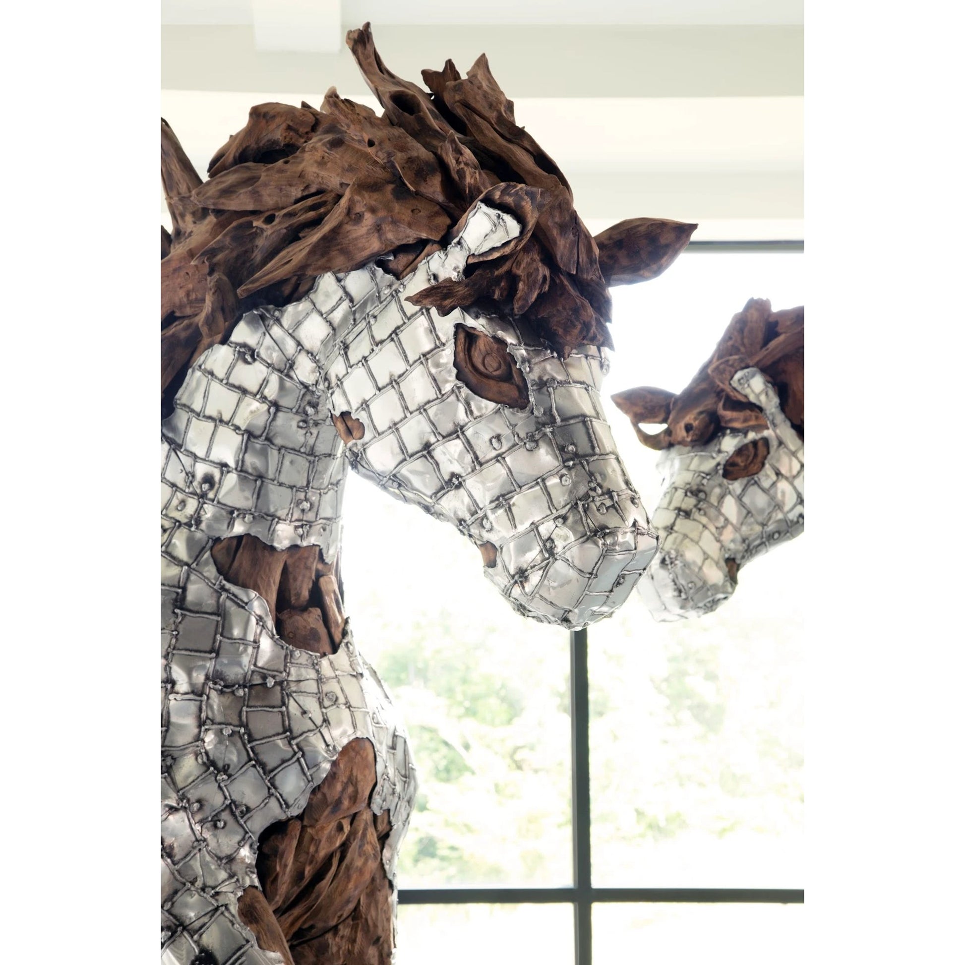Mustang Horse Armored Sculpture Galloping by Phillips Collection in silver, brown. Made from metal, wood in a modern style.
