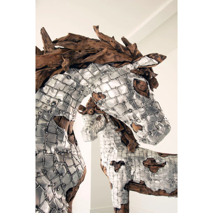 Mustang Horse Armored Sculpture Galloping by Phillips Collection in silver, brown. Made from metal, wood in a modern style.
