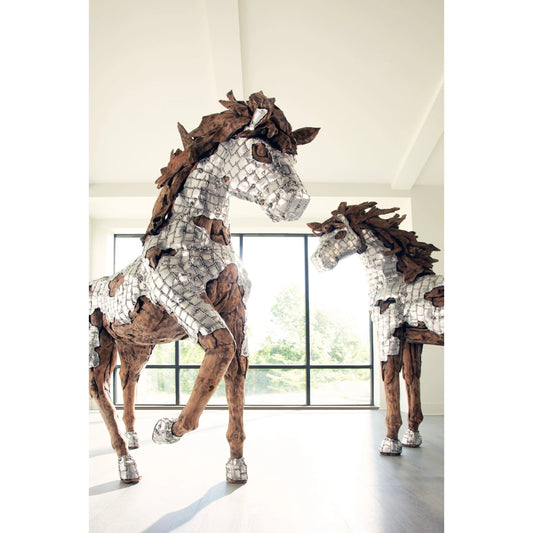 Mustang Horse Armored Sculpture Galloping by Phillips Collection in silver, brown. Made from metal, wood in a modern style.