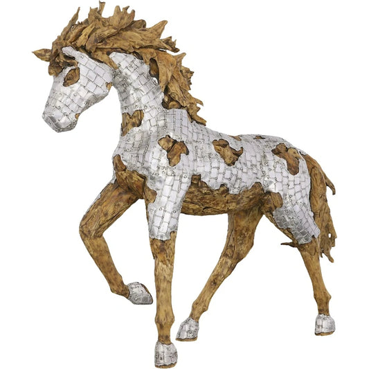 Mustang Horse Armored Sculpture Galloping by Phillips Collection in silver, brown. Made from metal, wood in a modern style.