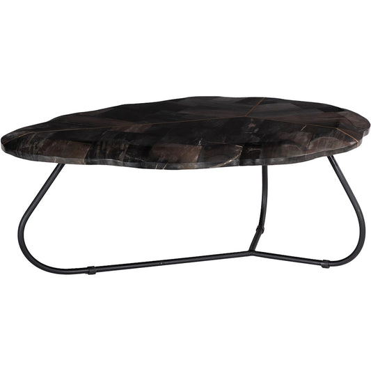 Mosaic Leaf Petrified Wood Coffee Table by Phillips Collection in black, gold and natural. Made from petrified wood metal, stainless steel in a unique style.