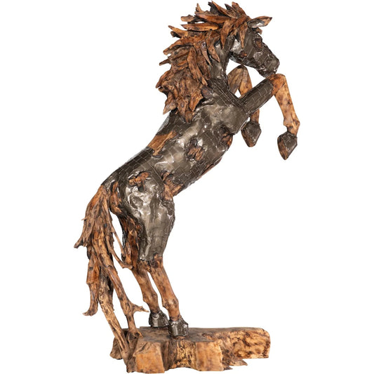 Mustang Horse Armored Sculpture Standing Up by Phillips Collection in brown. Made from wood, metal in a unique style.