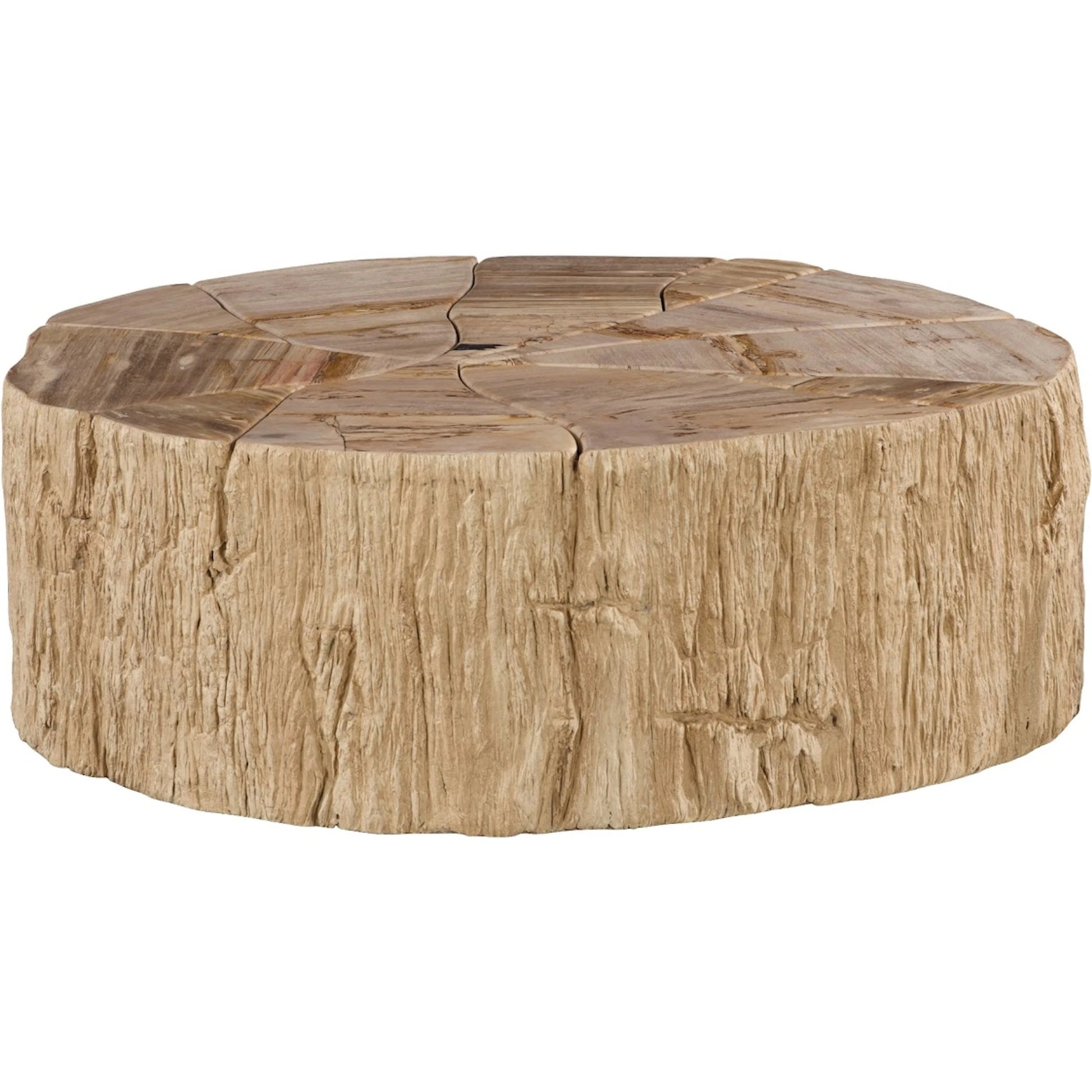 Converge Petrified Coffee Table by Phillips Collection in beige, black, brown, off white. Made from petrified wood resin in a unique style.