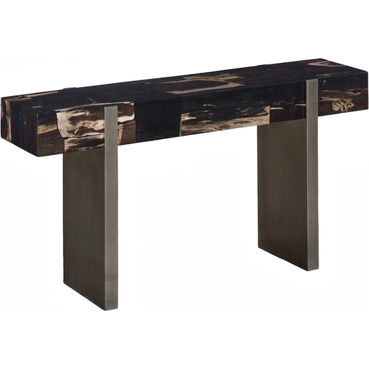 Petramosaic Console Table by Phillips Collection in beige, black, brown, off white. Made from metal, petrified wood in a unique style.