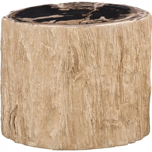 Chaka Petrified Stool by Phillips Collection in beige, black, brown. Made from petrified wood fiberglass, resin in a unique style.