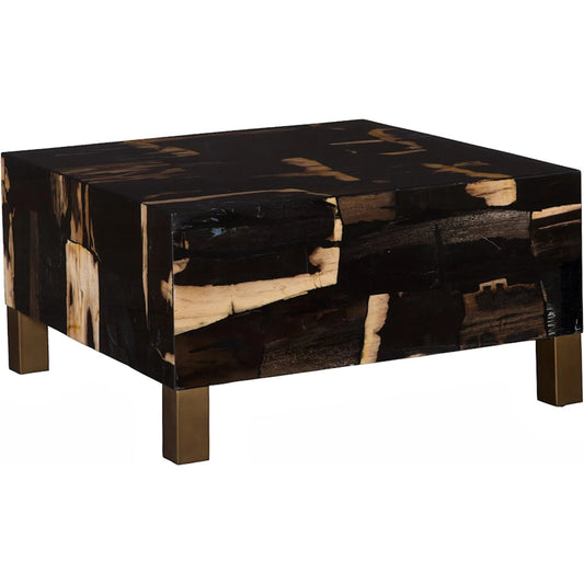 Petramosaic Coffee Table with Legs by Phillips Collection in black, brown and brass. Made from petrified wood metal in a unique style.