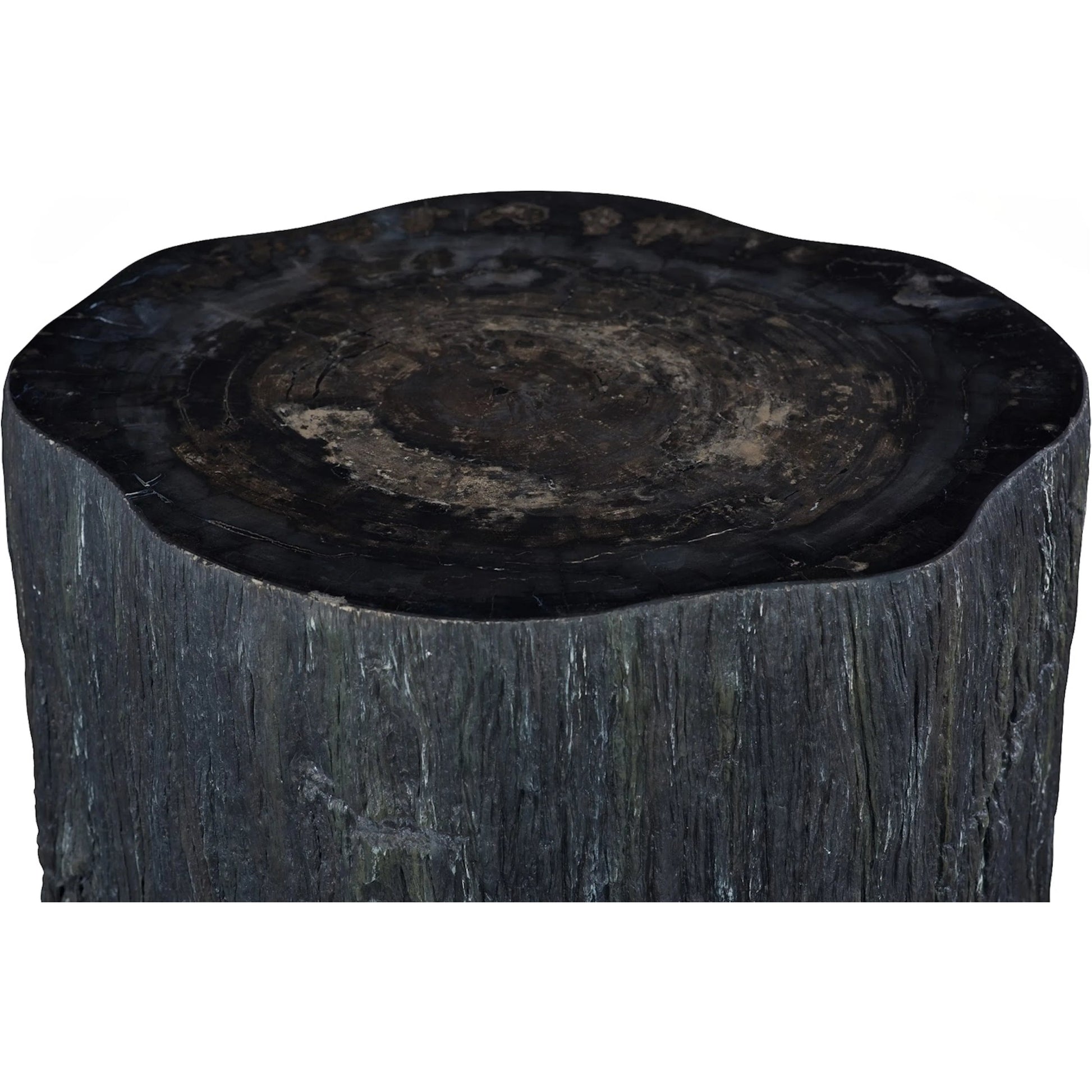 Chaka Petrified Coffee Table by Phillips Collection in black. Made from petrified wood fiberglass, resin in a unique style.