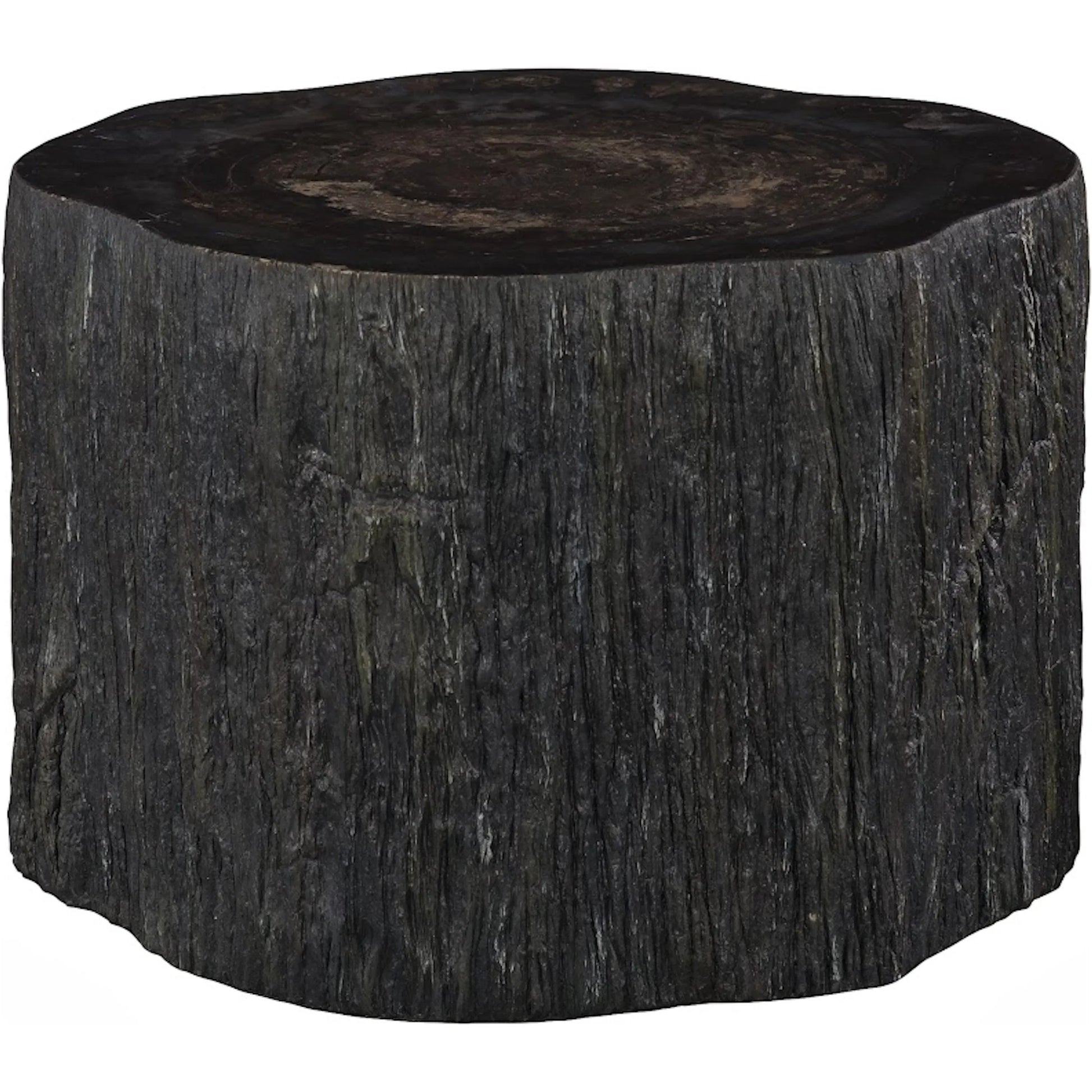 Chaka Petrified Coffee Table by Phillips Collection in black. Made from petrified wood fiberglass, resin in a unique style.