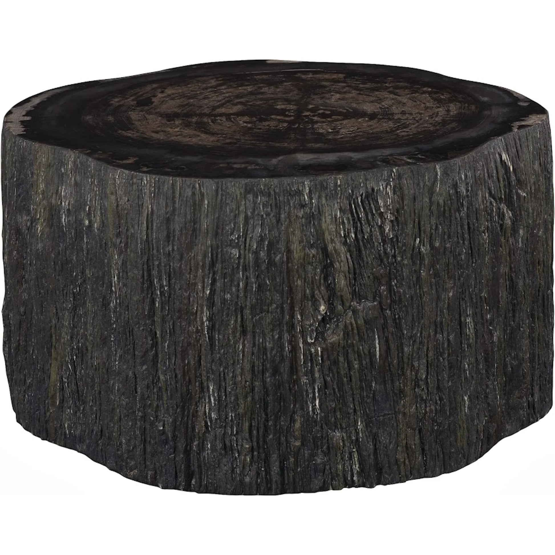 Chaka Petrified Coffee Table by Phillips Collection in black. Made from petrified wood fiberglass, resin in a unique style.
