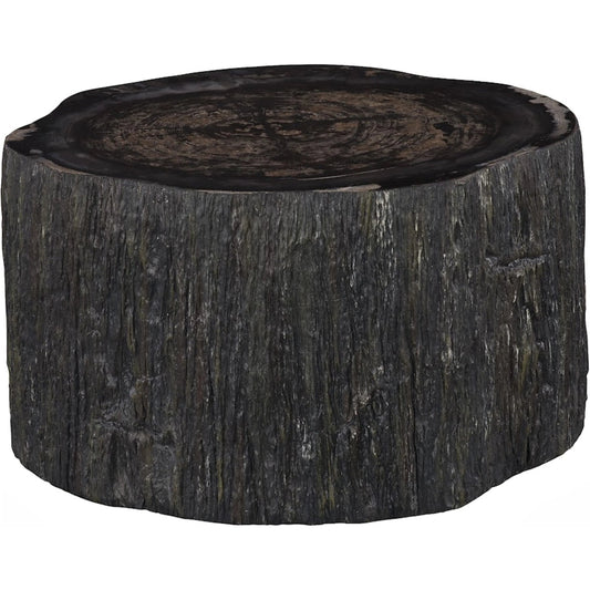 Chaka Petrified Coffee Table by Phillips Collection in black. Made from petrified wood fiberglass, resin in a unique style.