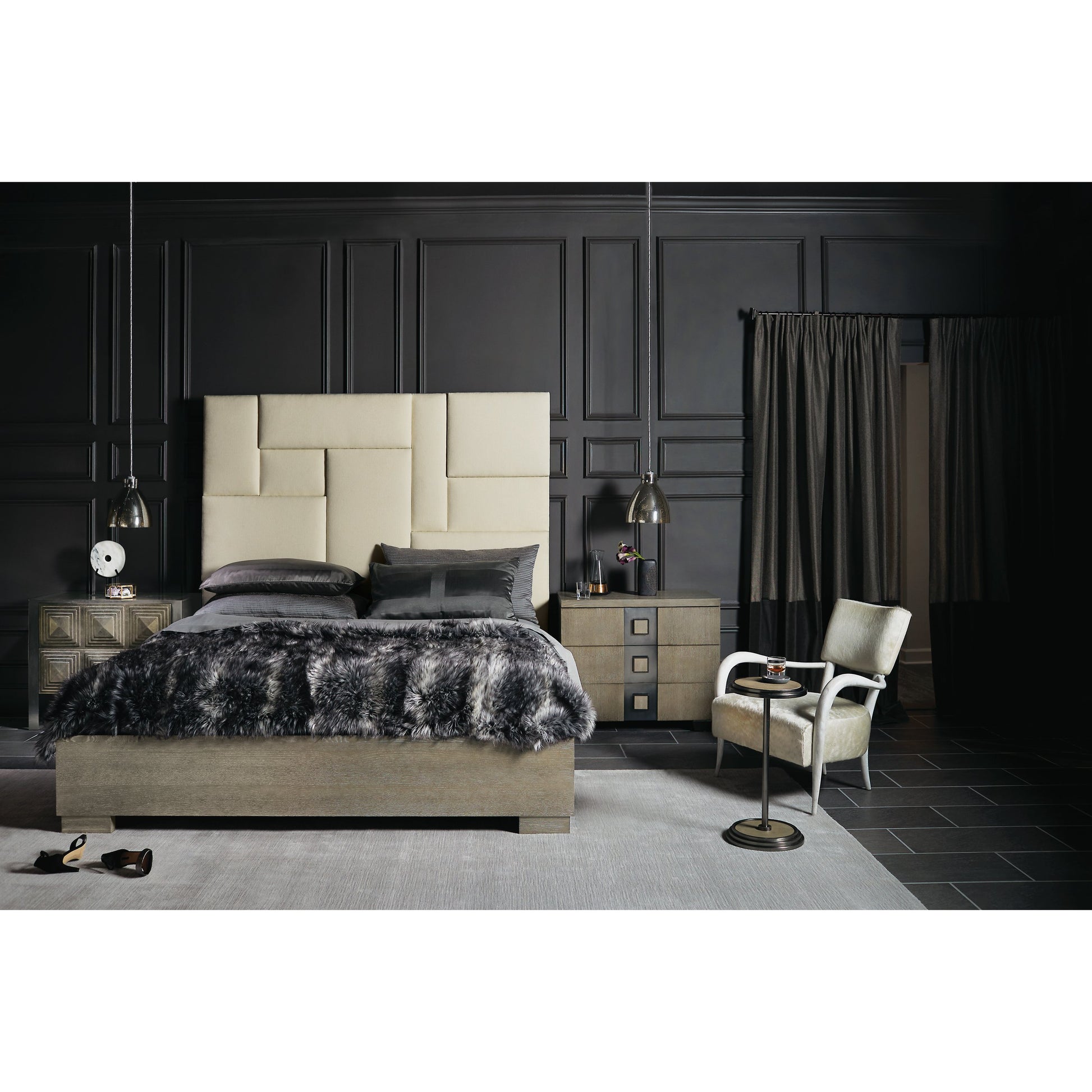 Mosaic Upholstered Bed by Bernhardt in dark taupe. Made from white oak veneers, fabric in a unique style.