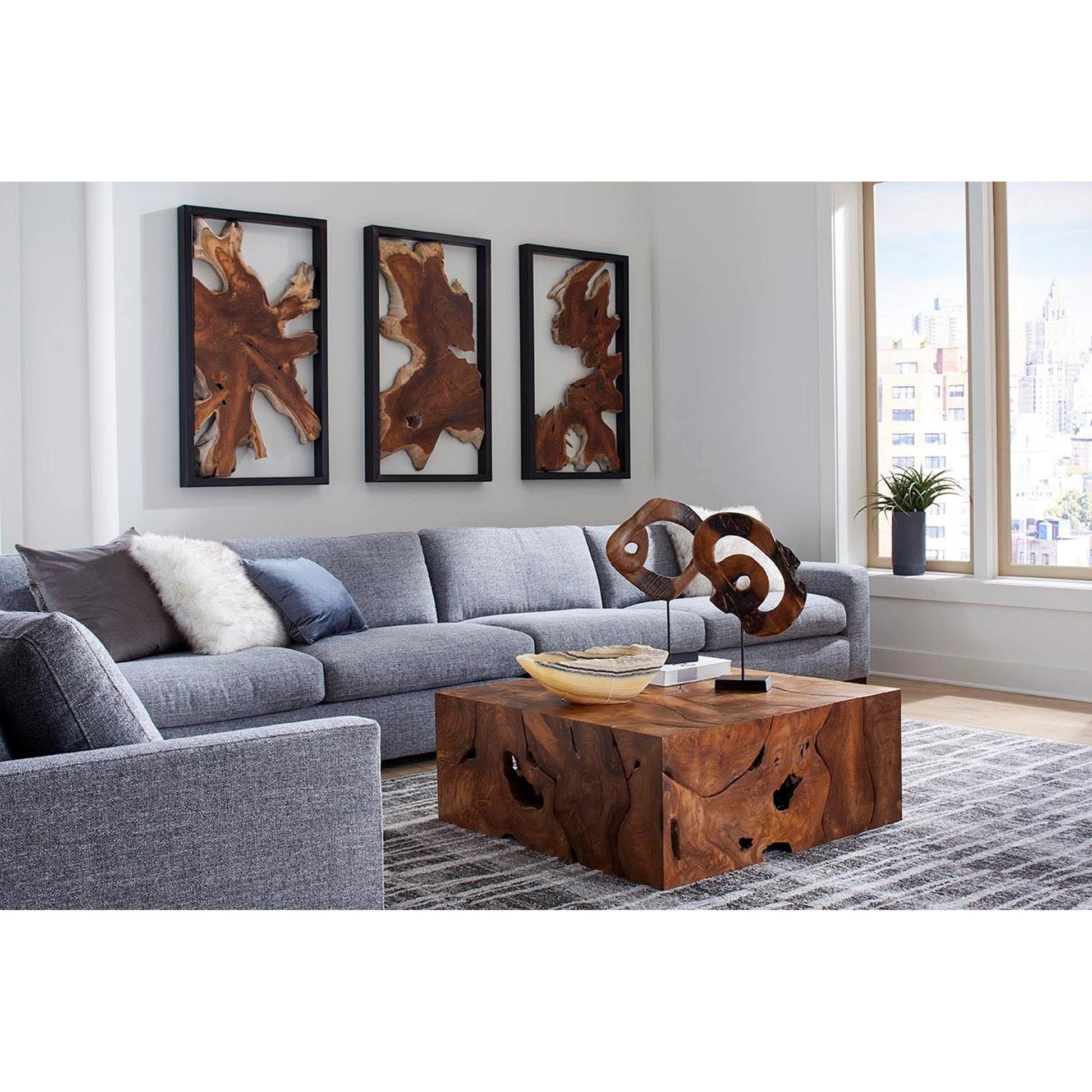 Teak Slice Square Coffee Table by Phillips Collection in warm teak red. Made from unique in a eclectic & global style.