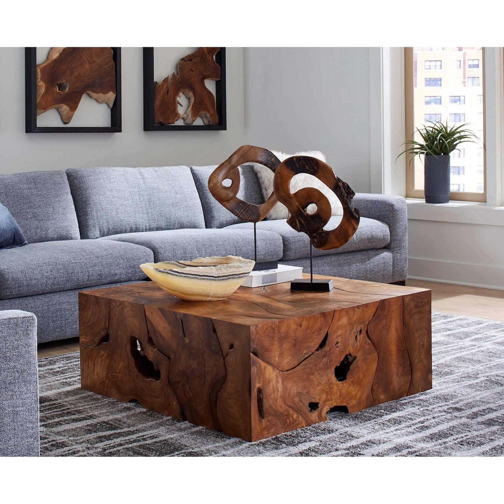 Teak Slice Square Coffee Table by Phillips Collection in warm teak red. Made from unique in a eclectic & global style.