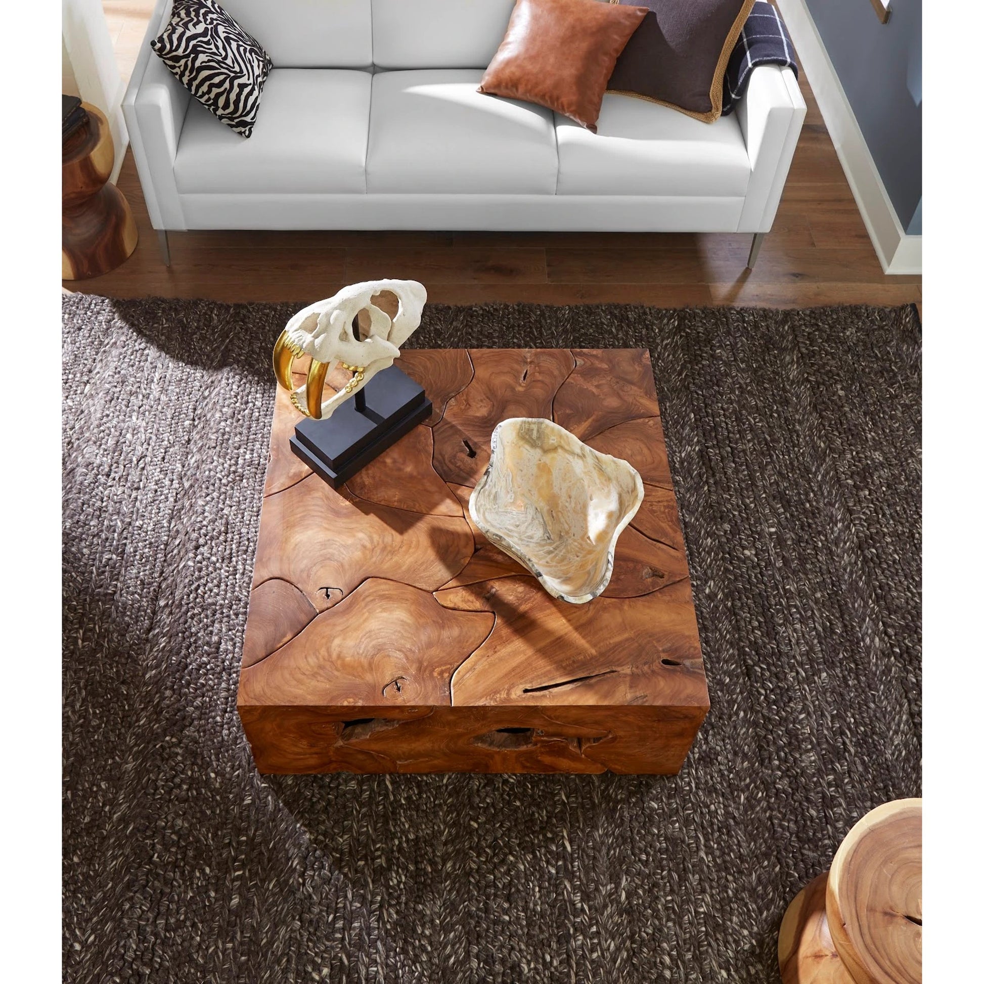 Teak Slice Square Coffee Table by Phillips Collection in warm teak red. Made from unique in a eclectic & global style.