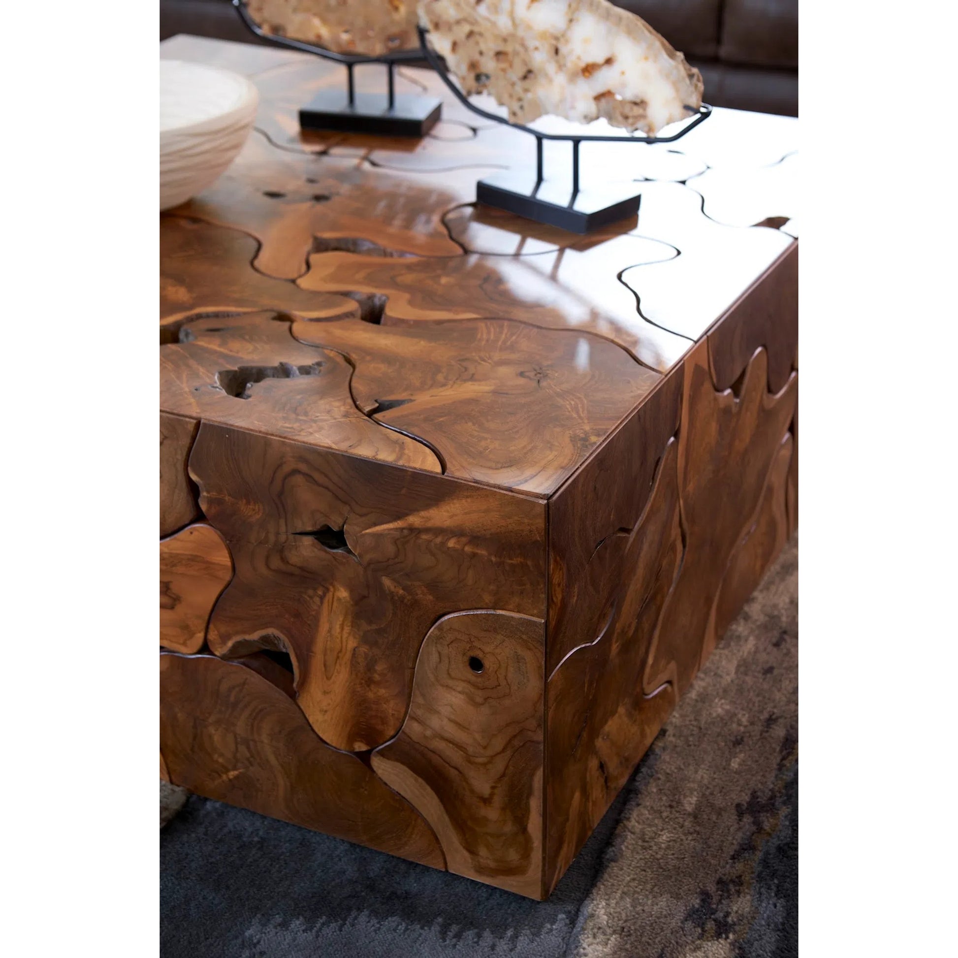 Teak Slice Square Coffee Table by Phillips Collection in warm teak red. Made from unique in a eclectic & global style.