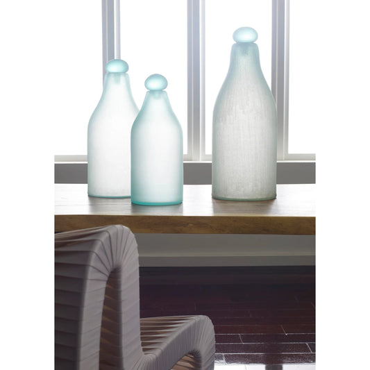 Frosted Glass Bottle II by Phillips Collection in turquoise. Made from glass in a coastal style.