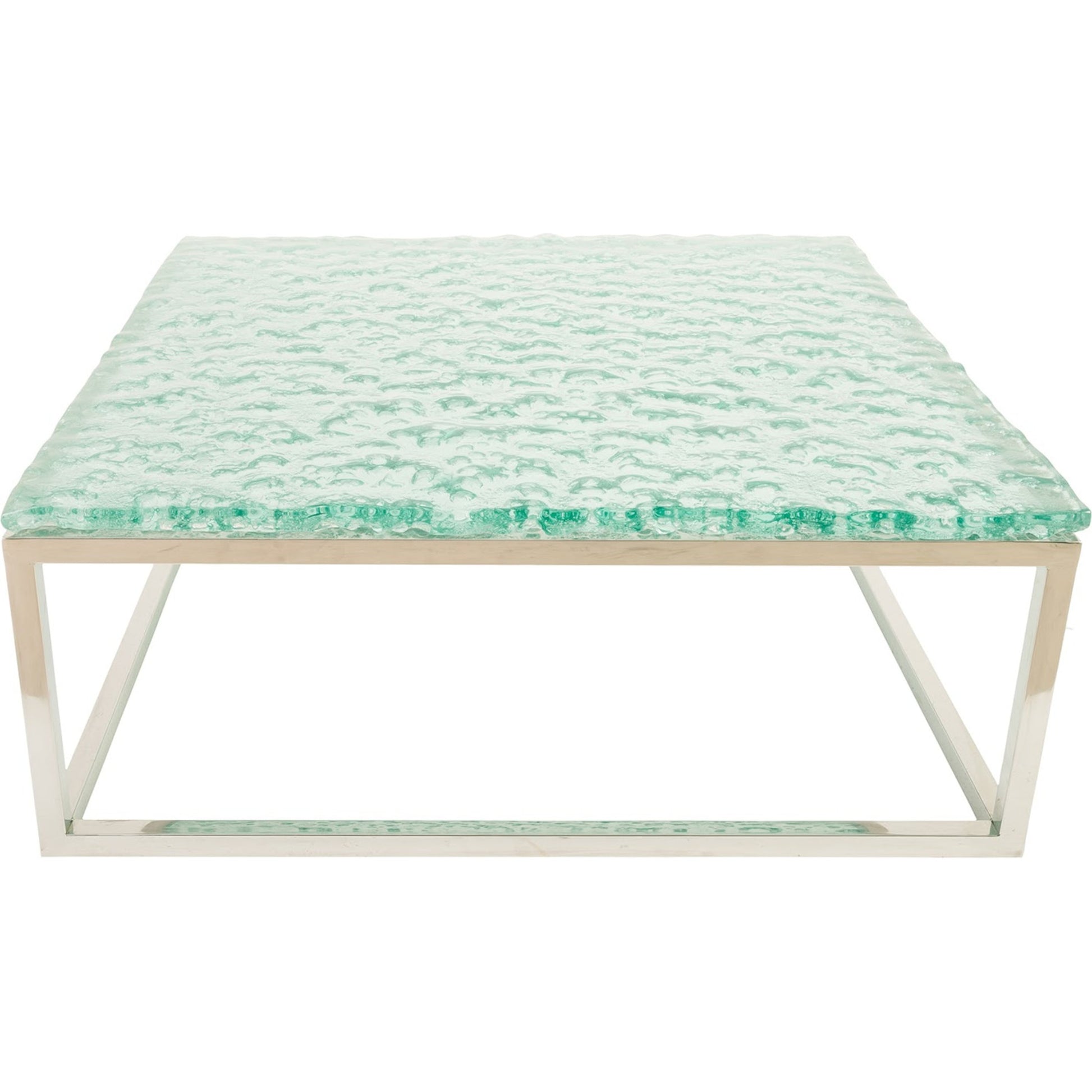 Bubble Glass Coffee Table by Phillips Collection in turquoise. Made from glass metal, stainless steel in a coastal style.