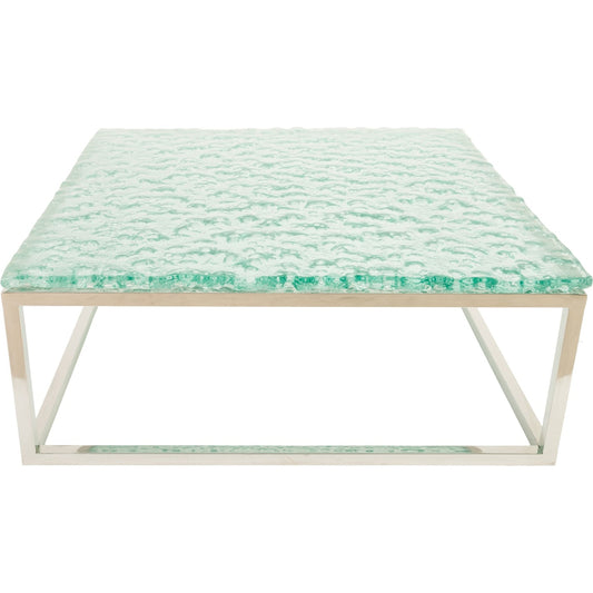 Bubble Glass Coffee Table by Phillips Collection in turquoise. Made from glass metal, stainless steel in a coastal style.