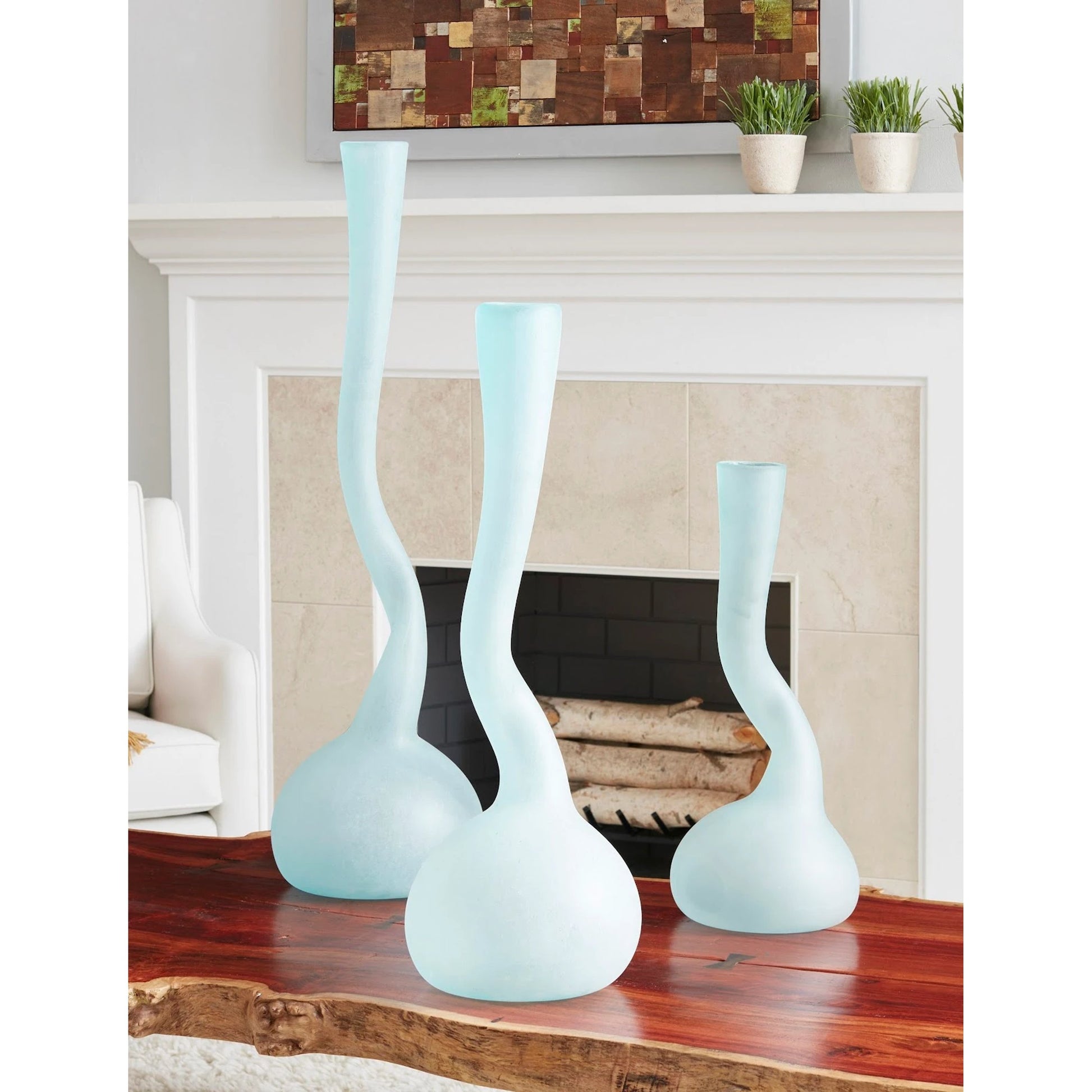 Frosted Corkscrew Vase by Phillips Collection in cyan. Made from glass in a modern style.