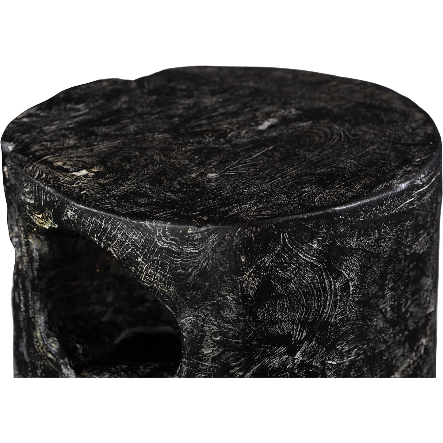 003 SI-1944749 | Closeup | Black Wash Round Stool by Phillips Collection in black, gray and black wash. Made from wood in a modern style.
