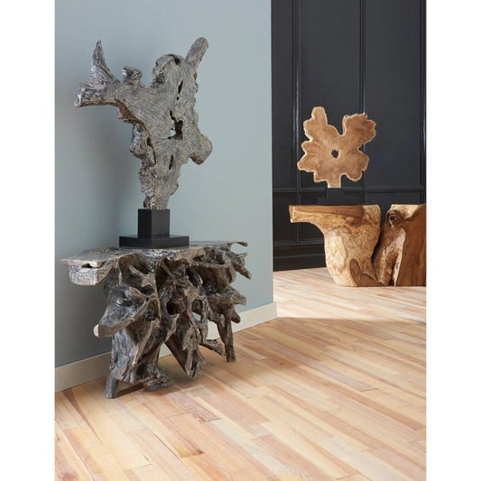 Teak Sculpture on Stand by Phillips Collection in gray, black. Made from wood, teak metal in a unique style.