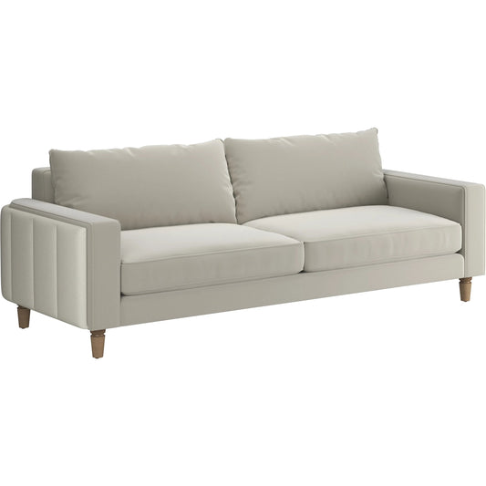 Barret Sofa by A.R.T. Furniture in beige and café au lait. Made from inside: velvet sand colored polyester fabric, outback in faux-leather parchement colored material in a unique style.