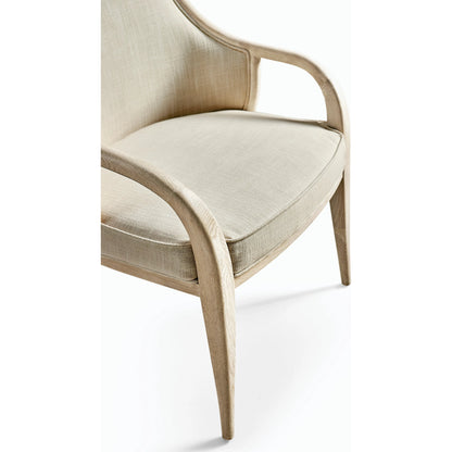 Water Basin Dining Arm Chair by Jonathan Charles in whitewash oak. Made from oak, foam, fabric, grass cloth in a modern style.
