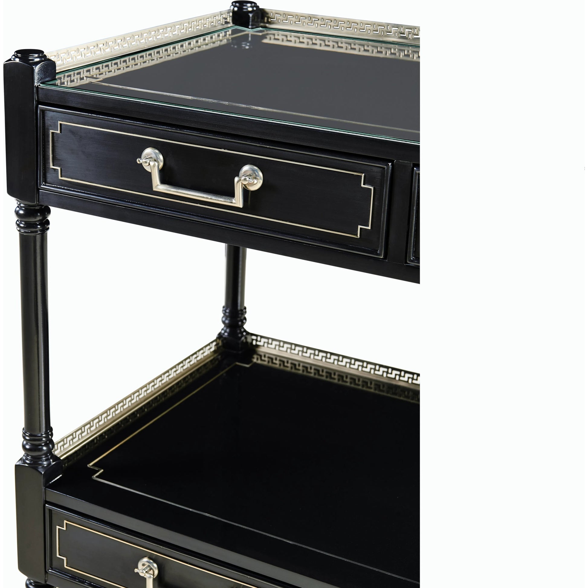 Reimagined Flux Lacquer Etagere by Jonathan Charles in lacquered black. Made from acacia in a modern style.
