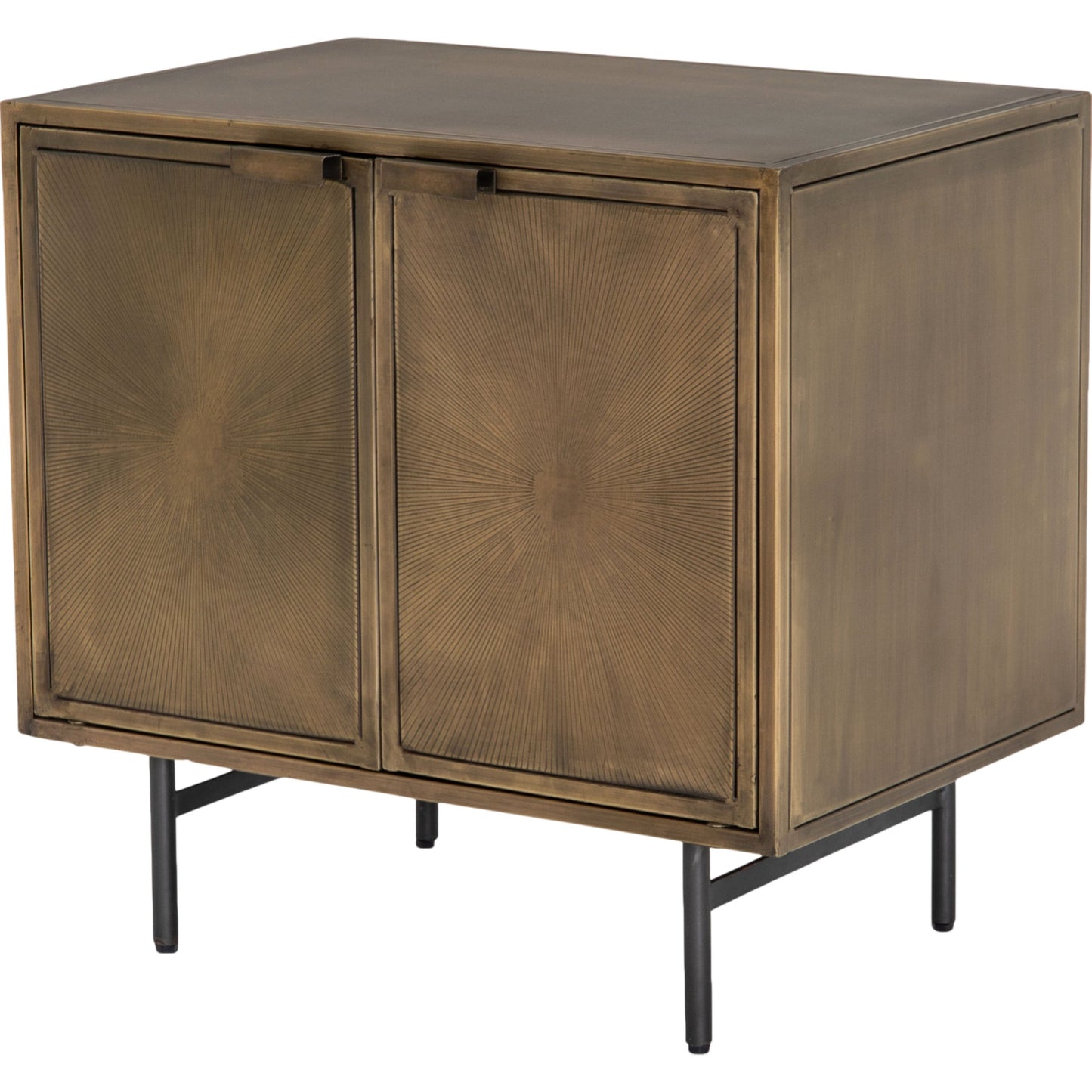000 SR-369245 | Primary Silo | Sunburst Cabinet Nightstand by Four Hands in sunburst etched aged brass, gunmetal, aged brass and sunburst etched aged brass pc, gunmetal, aged brass pc. Made from iron in a modern style.