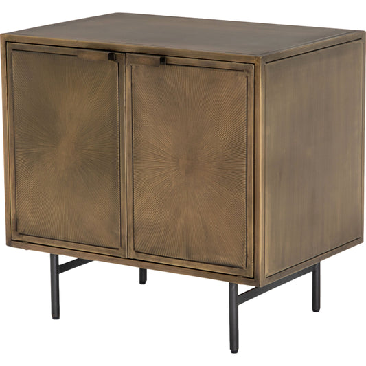 Sunburst Cabinet Nightstand by Four Hands in sunburst etched aged brass, gunmetal, aged brass and sunburst etched aged brass pc, gunmetal, aged brass pc. Made from iron in a modern style.
