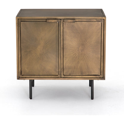 Sunburst Cabinet Nightstand by Four Hands in sunburst etched aged brass, gunmetal, aged brass and sunburst etched aged brass pc, gunmetal, aged brass pc. Made from iron in a modern style.