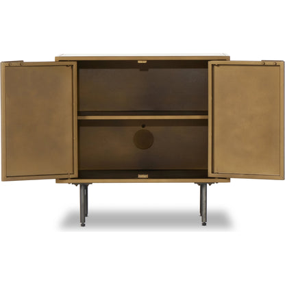 Sunburst Cabinet Nightstand by Four Hands in sunburst etched aged brass, gunmetal, aged brass and sunburst etched aged brass pc, gunmetal, aged brass pc. Made from iron in a modern style.