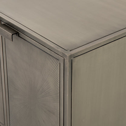 Sunburst Cabinet Nightstand by Four Hands in sunburst etched aged brass, gunmetal, aged brass and sunburst etched aged brass pc, gunmetal, aged brass pc. Made from iron in a modern style.