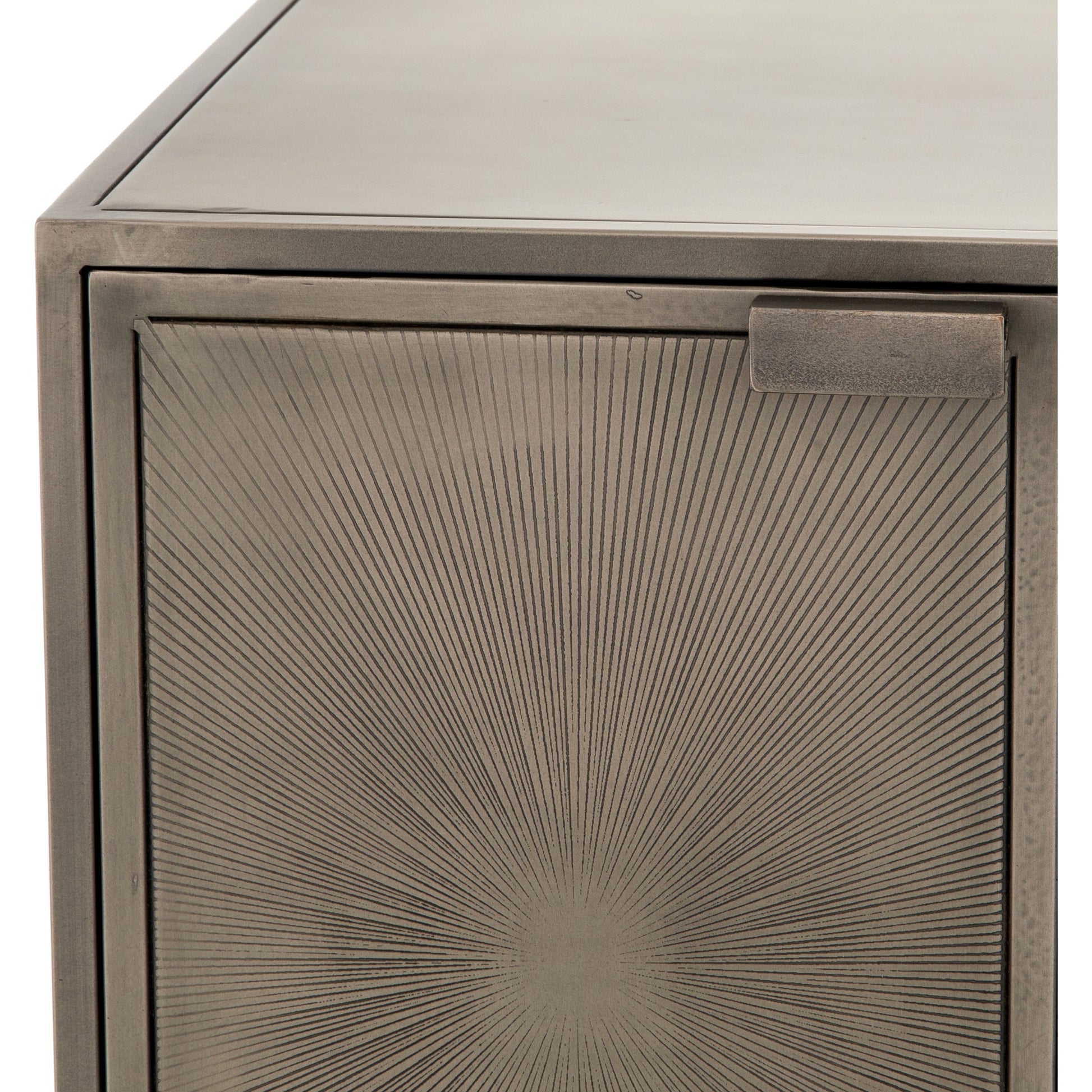 Sunburst Cabinet Nightstand by Four Hands in sunburst etched aged brass, gunmetal, aged brass and sunburst etched aged brass pc, gunmetal, aged brass pc. Made from iron in a modern style.