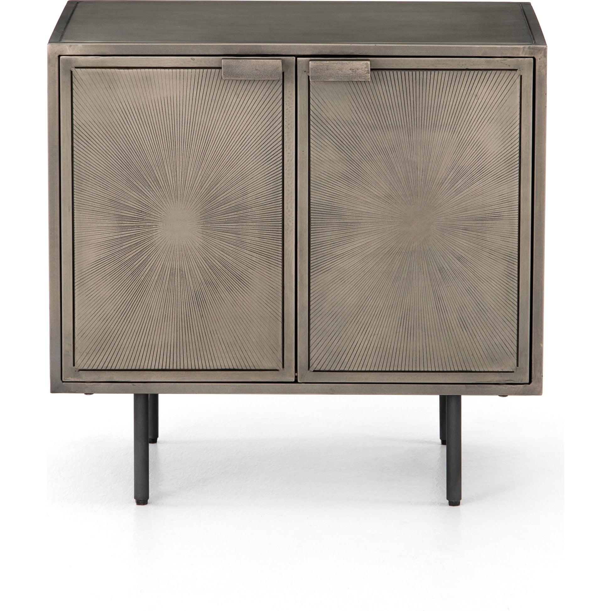 Sunburst Cabinet Nightstand by Four Hands in sunburst etched aged brass, gunmetal, aged brass and sunburst etched aged brass pc, gunmetal, aged brass pc. Made from iron in a modern style.