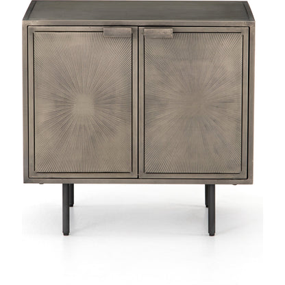 Sunburst Cabinet Nightstand by Four Hands in sunburst etched aged brass, gunmetal, aged brass and sunburst etched aged brass pc, gunmetal, aged brass pc. Made from iron in a modern style.