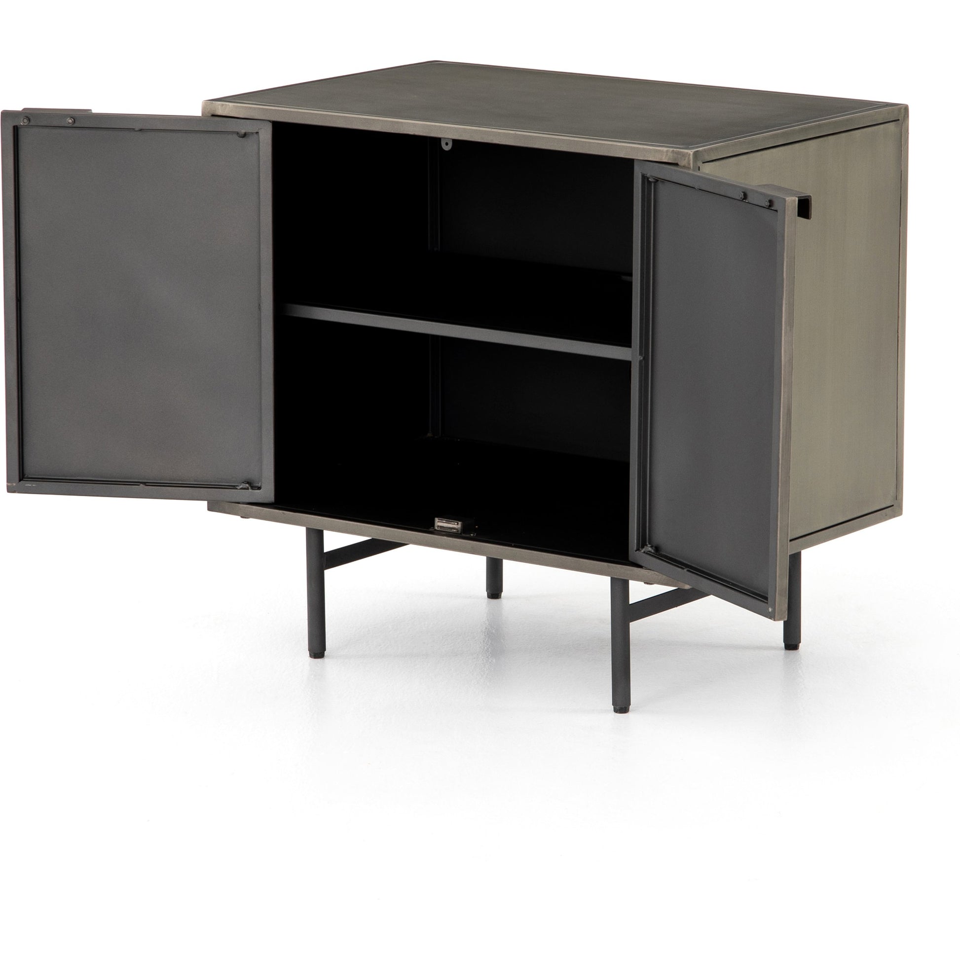 Sunburst Cabinet Nightstand by Four Hands in sunburst etched aged brass, gunmetal, aged brass and sunburst etched aged brass pc, gunmetal, aged brass pc. Made from iron in a modern style.