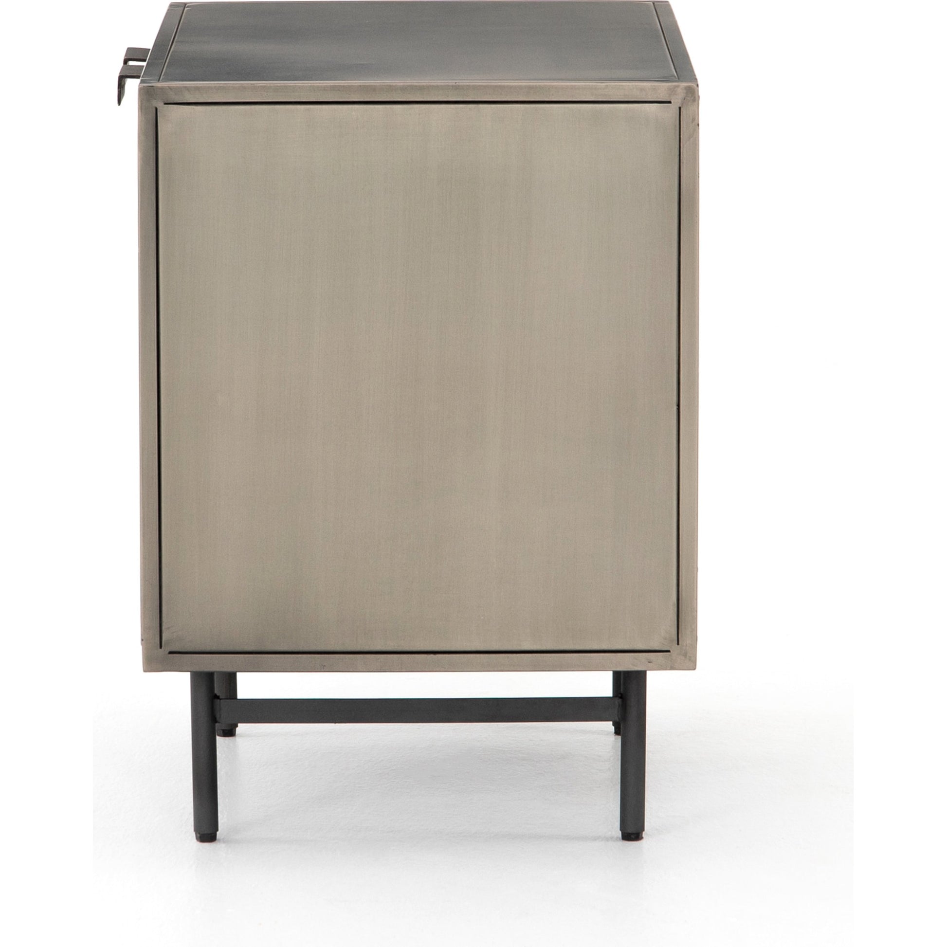 Sunburst Cabinet Nightstand by Four Hands in sunburst etched aged brass, gunmetal, aged brass and sunburst etched aged brass pc, gunmetal, aged brass pc. Made from iron in a modern style.