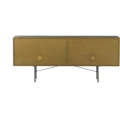Sunburst Sideboard by Four Hands in sunburst etched aged brass, gunmetal, aged brass and sunburst etched aged brass pc, gunmetal, aged brass pc. Made from iron in a modern style.