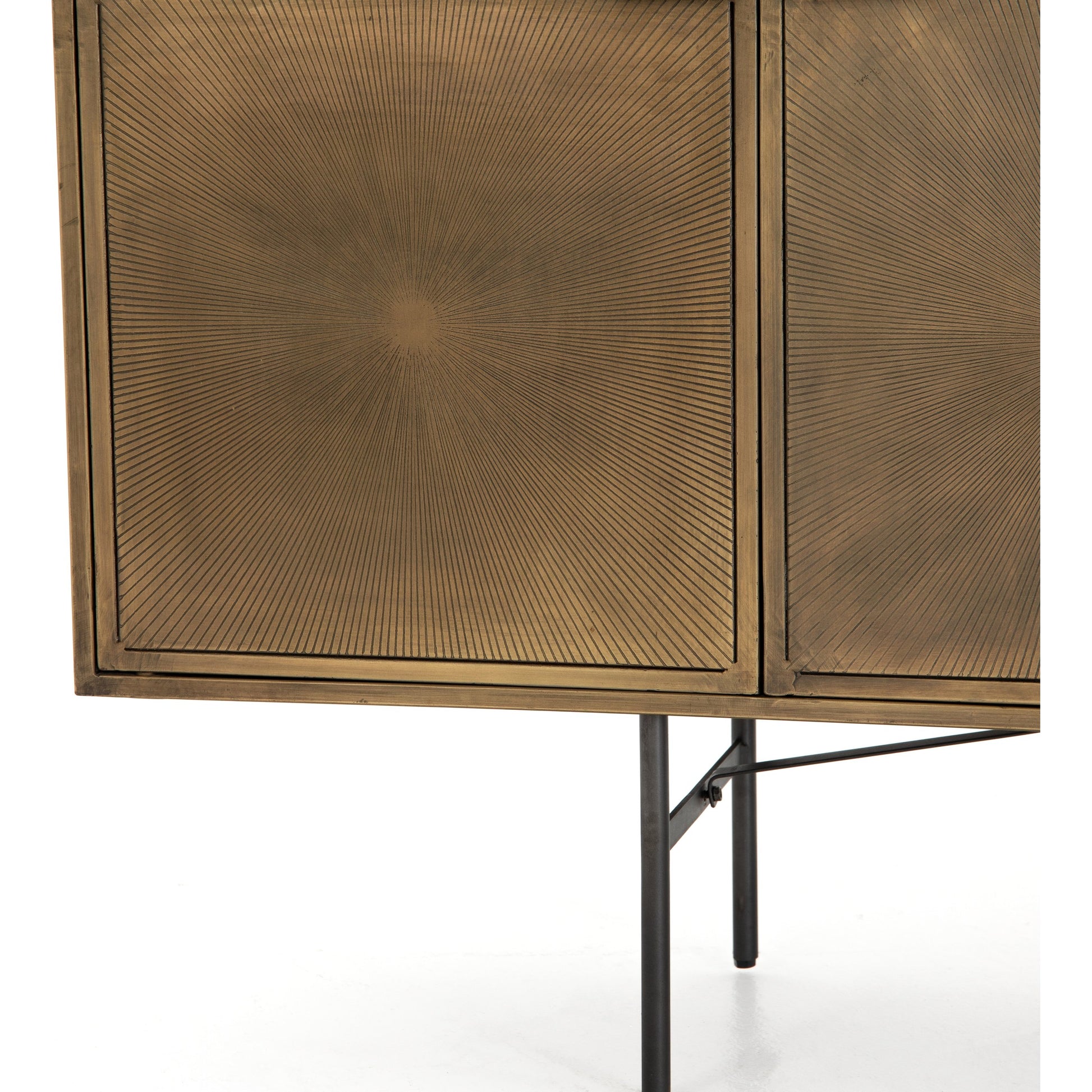 Sunburst Sideboard by Four Hands in sunburst etched aged brass, gunmetal, aged brass and sunburst etched aged brass pc, gunmetal, aged brass pc. Made from iron in a modern style.