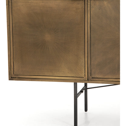 Sunburst Sideboard by Four Hands in sunburst etched aged brass, gunmetal, aged brass and sunburst etched aged brass pc, gunmetal, aged brass pc. Made from iron in a modern style.