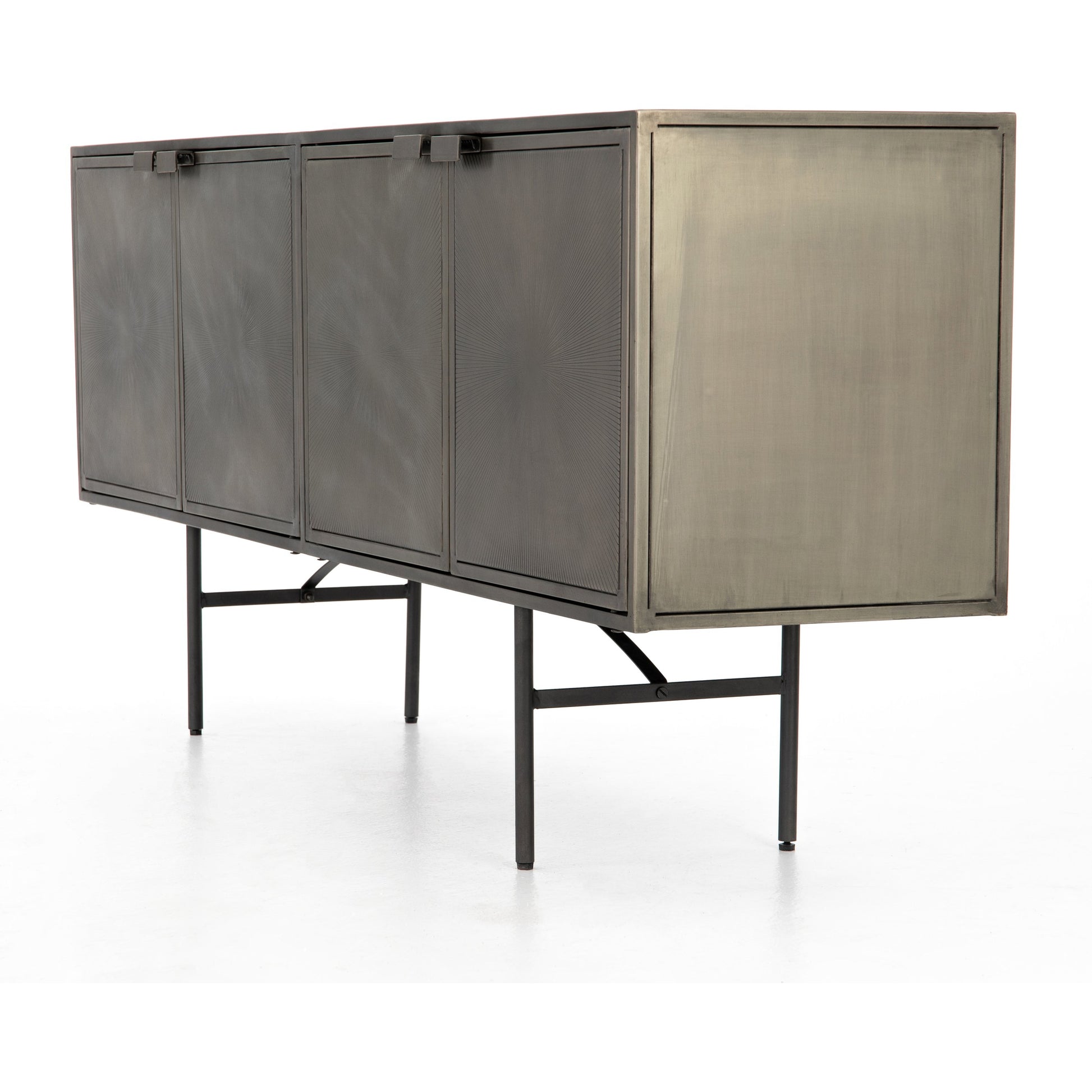 Sunburst Sideboard by Four Hands in sunburst etched aged brass, gunmetal, aged brass and sunburst etched aged brass pc, gunmetal, aged brass pc. Made from iron in a modern style.