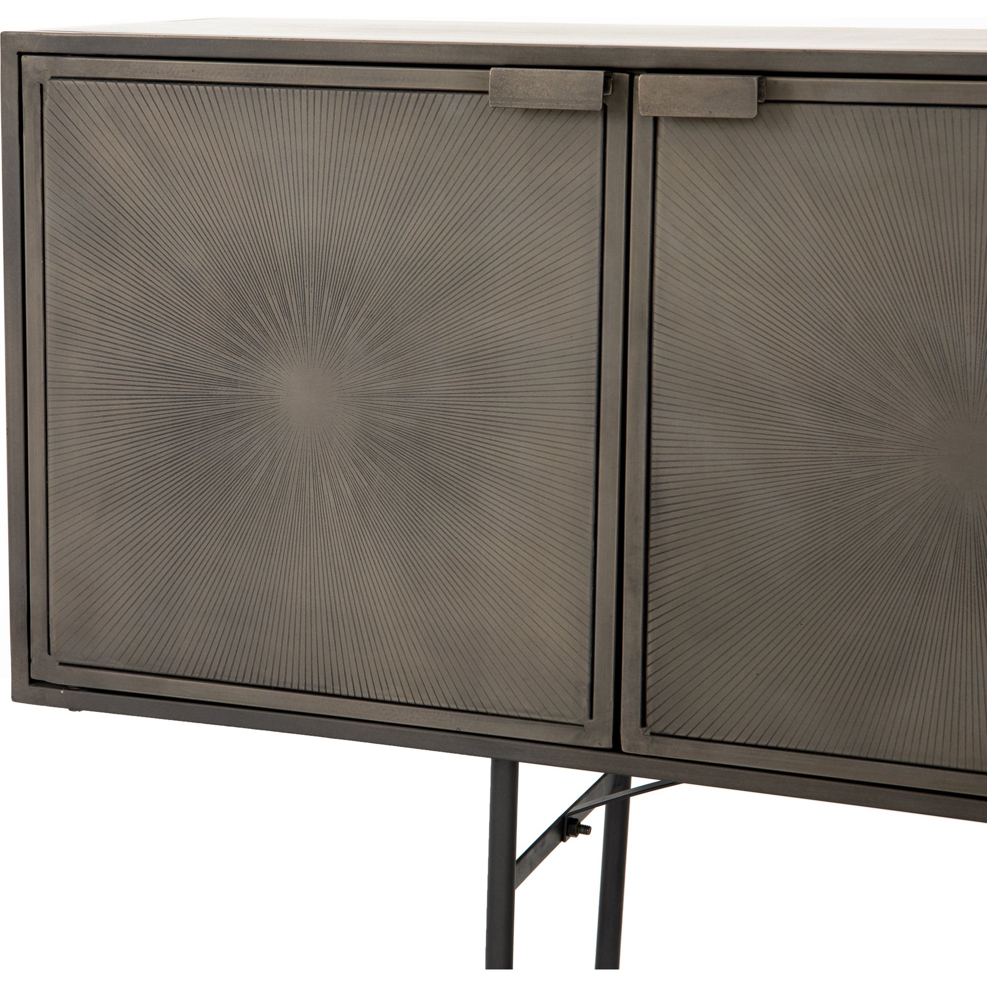 Sunburst Sideboard by Four Hands in sunburst etched aged brass, gunmetal, aged brass and sunburst etched aged brass pc, gunmetal, aged brass pc. Made from iron in a modern style.