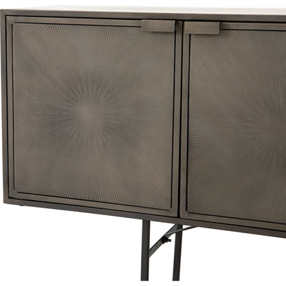 Sunburst Sideboard by Four Hands in sunburst etched aged brass, gunmetal, aged brass and sunburst etched aged brass pc, gunmetal, aged brass pc. Made from iron in a modern style.