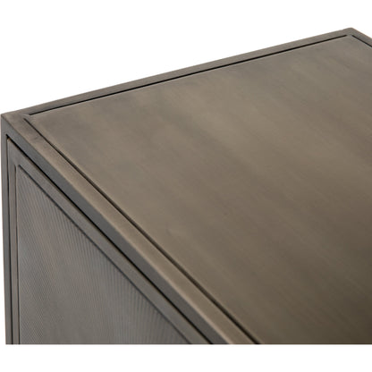 Sunburst Sideboard by Four Hands in sunburst etched aged brass, gunmetal, aged brass and sunburst etched aged brass pc, gunmetal, aged brass pc. Made from iron in a modern style.